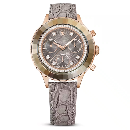 Picture of Swarovski Octea Rose Gold-Tone Watch with Gray Leather Strap