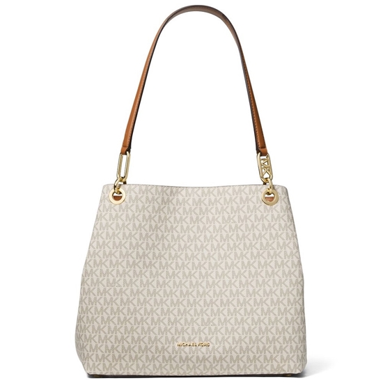 Picture of Michael Kors Kensington Signature Shoulder Tote- Vanilla/Acorn