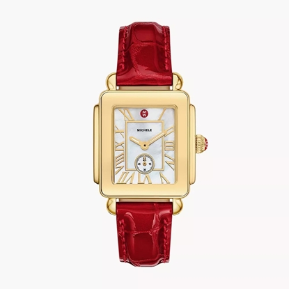 Picture of Michele Deco Sport Mid Gold-Plated Ruby Red Leather Watch