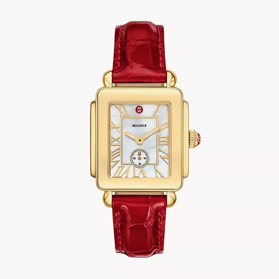 Picture of Michele Deco Sport Mid Gold-Plated Ruby Red Leather Watch