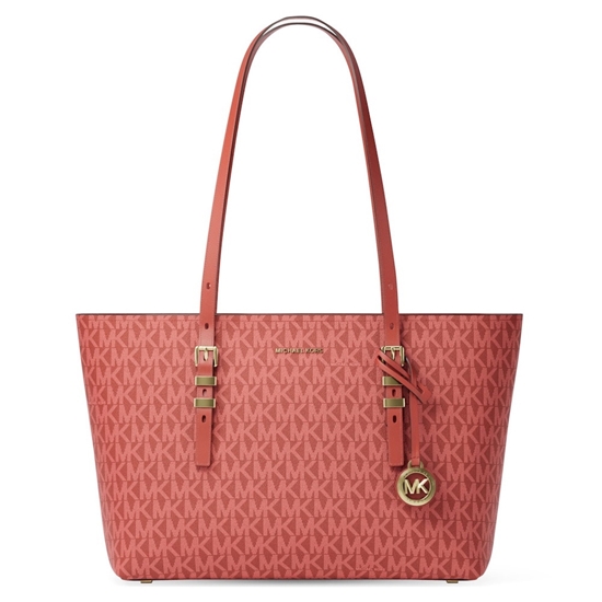 Picture of Michael Kors Quinn Medium Signature/Leather Tote - Crimson Mlt