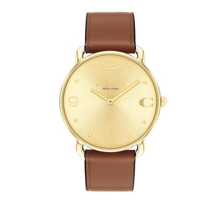 Picture of Coach Elliot Gold-Plated Watch with Saddle Leather Strap