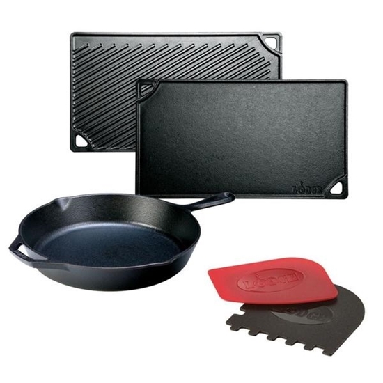 Picture of Lodge® Cast-Iron Two-Burner Reversible Griddle and 12-Inch Skillet Package