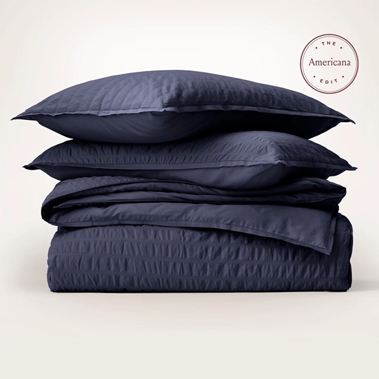 Picture of Boll & Branch Relaxed Seersucker Duvet Set - Coast Nvy, Kg/Cal
