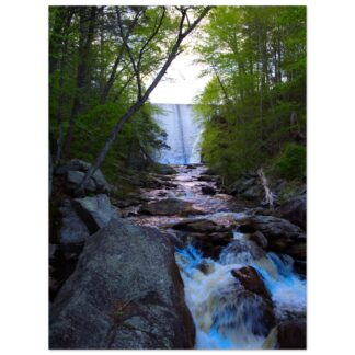 A serene waterfall cascades over a large rock formation, bordered by lush, green trees. The tranquil scene conveys a peaceful, natural ambiance.