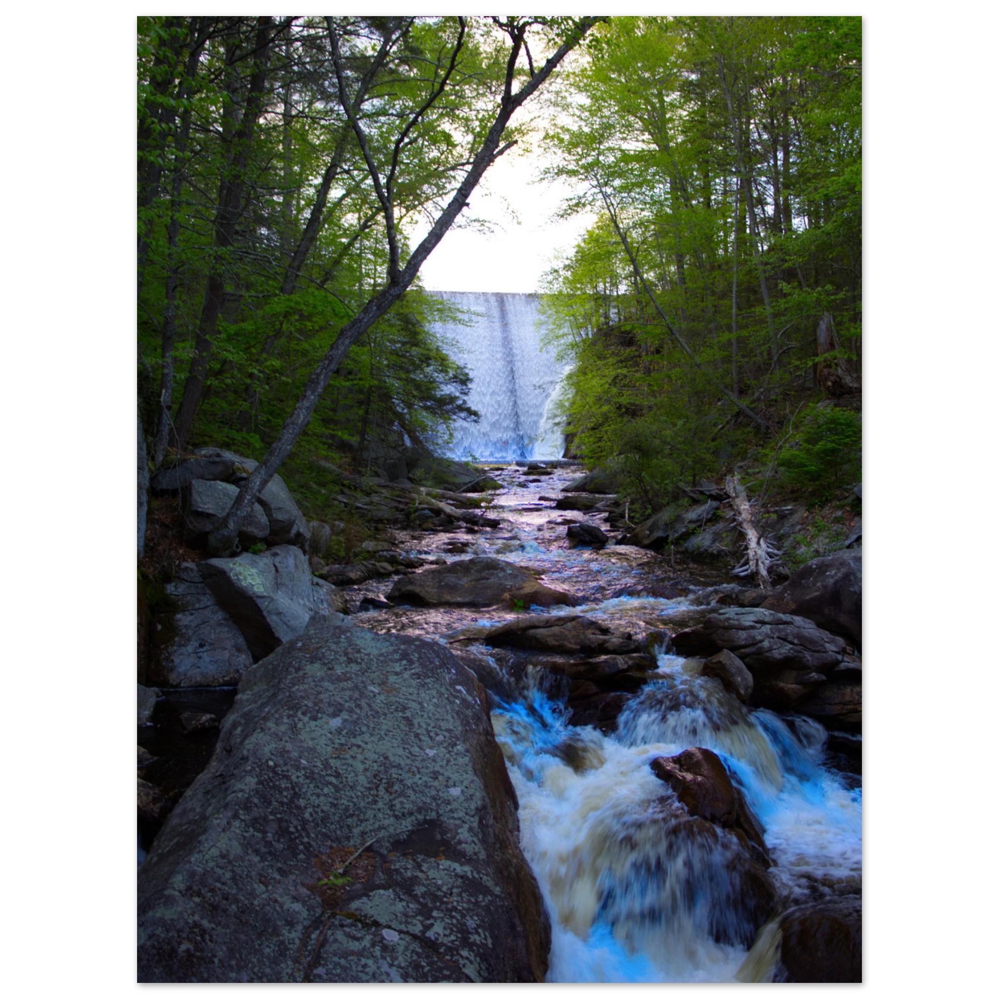 A serene waterfall cascades over a large rock formation, bordered by lush, green trees. The tranquil scene conveys a peaceful, natural ambiance.