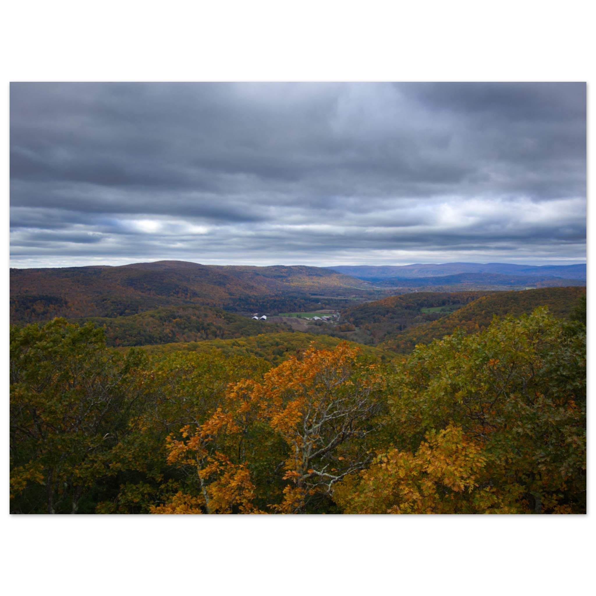 Framed photograph of autumn landscape with rolling hills, vibrant orange and green trees, and a cloudy sky. The mood is serene and contemplative.