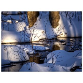 Winter creek landscape wall art with snow covered forest and reflective water home decor gift