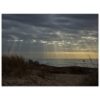 Moody beach sunset wall art with sand dunes driftwood and sun rays over ocean home decor gift