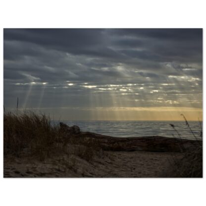 Moody beach sunset wall art with sand dunes driftwood and sun rays over ocean home decor gift