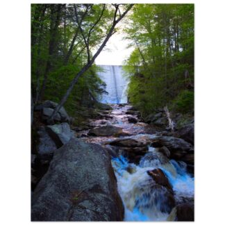 Forest waterfall stream wall art print with cascading water and lush green trees home decor gift