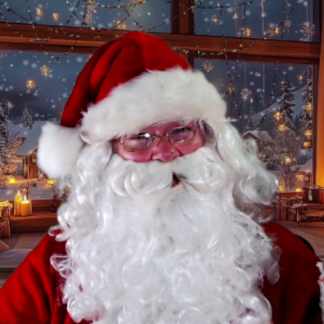 Santa Claus smiling in a cozy, festive room with a decorated Christmas tree, glowing fireplace, and snowy window view. The scene is warm and joyful.