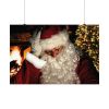 Santa Claus looks tired, resting his head in his hand next to a festive Christmas tree and a warm fireplace. The scene conveys warmth and holiday coziness.