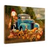 A rustic blue truck in a field is surrounded by pumpkins, gourds, and sunflowers, with a friendly scarecrow nearby. The scene evokes an autumnal, festive feel. Canvas wall art print.