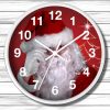 Clock with Santa in a red hat on the face, against a red background with a stylized Christmas tree. Wooden texture surrounds the clock.