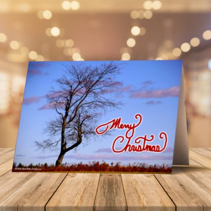 A festive scene with an open Christmas card and envelope on wooden background. Card shows a snowy landscape with a lone tree, "Merry Christmas" text, surrounded by pine cones, snowflakes, candy canes, and pine sprigs.