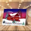 Holiday greeting card on a wooden table with candy canes and pine branches. The card shows a painted snowy house and reads "Happy Holidays." Inside is a frosty design.