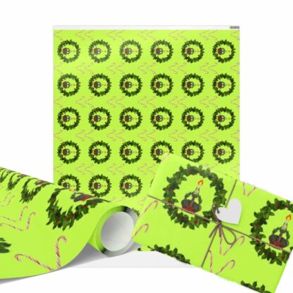 Bright green Christmas wrapping paper featuring festive wreaths and candy canes. The paper is partially wrapped around a gift with a heart-shaped tag.