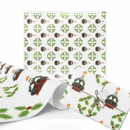 Christmas Wrapping paper with a festive pattern of green wreaths and red candles. A wrapped gift showcases the design, evoking a warm, holiday feeling.