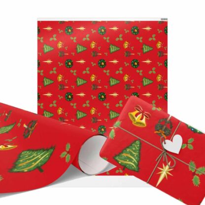 Red Christmas wrapping paper features festive green trees, gold bells, holly, wreaths, and stars. A wrapped gift and a rolled section are shown.