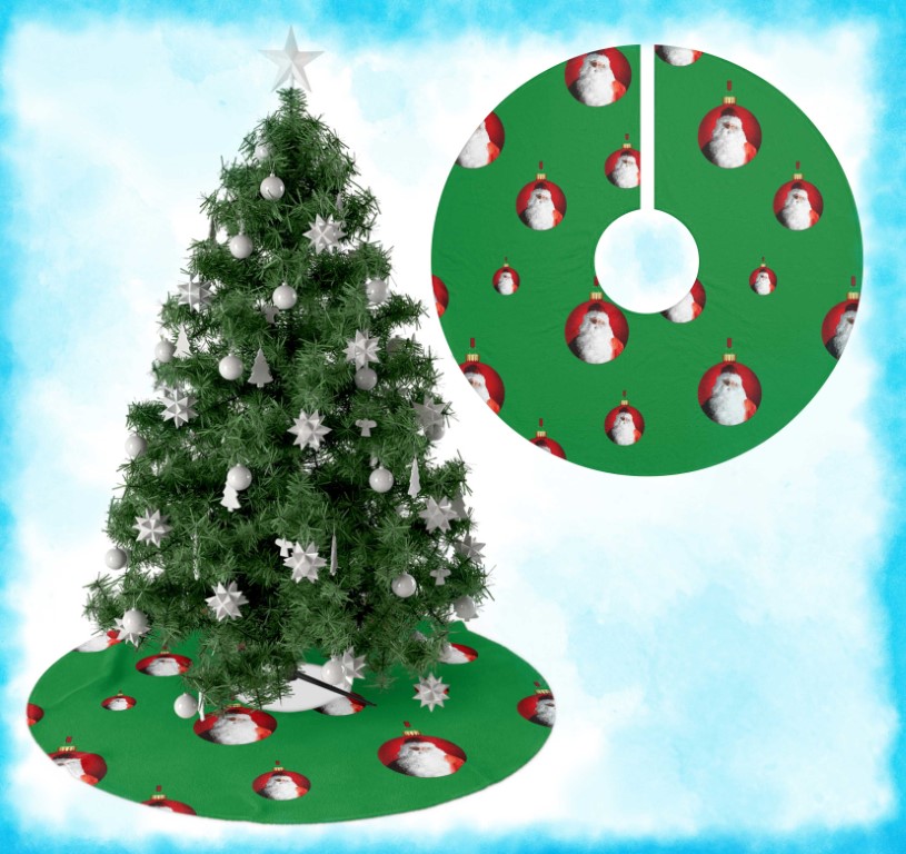 Green Christmas tree skirt featuring a pattern of red ornaments with Santa Claus faces. The design is festive and playful, evoking holiday cheer.