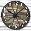 Rustic wall clock with a wagon wheel design sits against a white wooden panel background. Large black numbers and black hands stand out clearly.