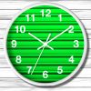 A white-framed green clock with bold, white numerals and hands against a vibrant green background featuring horizontal lines. It indicates the time is 10:10.