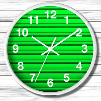 A white-framed green clock with bold, white numerals and hands against a vibrant green background featuring horizontal lines. It indicates the time is 10:10.