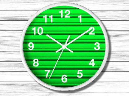 A white-framed green clock with bold, white numerals and hands against a vibrant green background featuring horizontal lines. It indicates the time is 10:10.