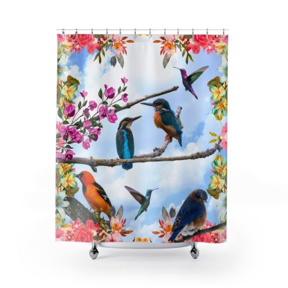 Shower curtain featuring vibrant birds like kingfishers and hummingbirds perched on branches, surrounded by colorful flowers against a bright sky.