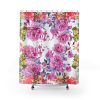 Shower curtain with vibrant floral design, showcasing large pink and purple flowers surrounded by green and yellow leaves on a white background.