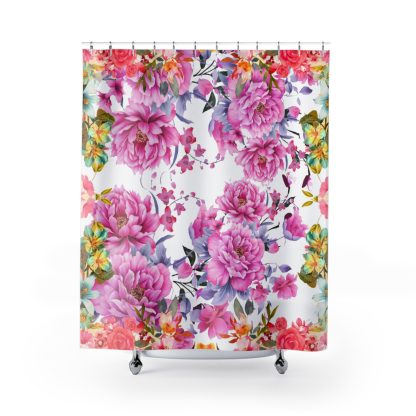 Pink Flowers Decor Unique Shower Curtain Farmhouse Decor Wedding Gift Idea Country White Shower Curtain Log Cabin Decor