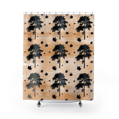 Shower curtain with black tree silhouettes and scattered maple leaves on a textured, light brown background, conveying a rustic, autumn feel.