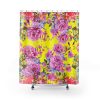 Bright yellow shower curtain adorned with vibrant pink and purple flowers, featuring green leaves. The bold, cheerful design creates a lively atmosphere.