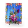 Bright floral shower curtain featuring vibrant pink, red, and orange flowers with green leaves. The flowers are set against a vivid blue background, creating a cheerful and lively tone.