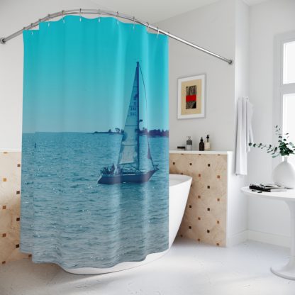 NAUTICAL SHOWER CURTAIN | Anchored Sailboats, Nautical Bathroom Decor, Seascape, Ocean, Boat Decor - Image 3