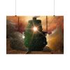 Poster wall art with 1940s steam train moves on a track, emitting smoke. Dramatic sunset sky and swirling clouds create a dynamic, intense atmosphere.