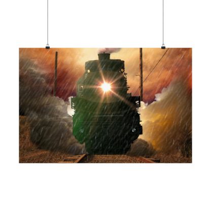 Poster wall art with 1940s steam train moves on a track, emitting smoke. Dramatic sunset sky and swirling clouds create a dynamic, intense atmosphere.