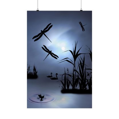Framed artwork on a wall depicts a serene moonlit scene with silhouettes of reeds, dragonflies, and swans on a lake. A jumping frog creates ripples, adding tranquility.