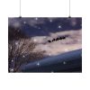 Night sky poster print with a silhouette of Santa’s sleigh and reindeer flying above a snowy roof. Stars twinkle, creating a magical, festive mood.