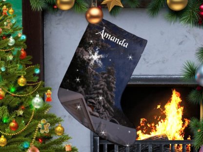Christmas scene with a decorated tree on the left and a cozy fireplace on the right. A personalized stocking with "Amanda" hangs above, creating a festive, warm atmosphere.