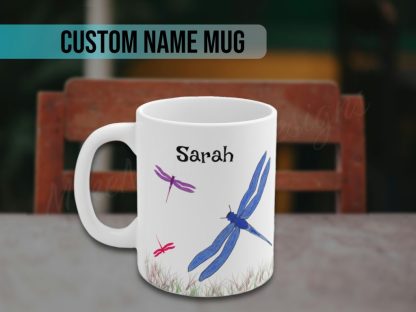 personalized white mug with colorful painted dragonflies