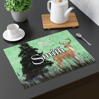 Personalized Log Cabin Placemat, Green Forest Deer, Rustic Gift, Picnic RV Camping, Farmhouse Custom Name Placemat - Image 2