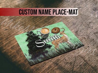 Personalized Log Cabin Placemat, Green Forest Deer, Rustic Gift, Picnic RV Camping, Farmhouse Custom Name Placemat