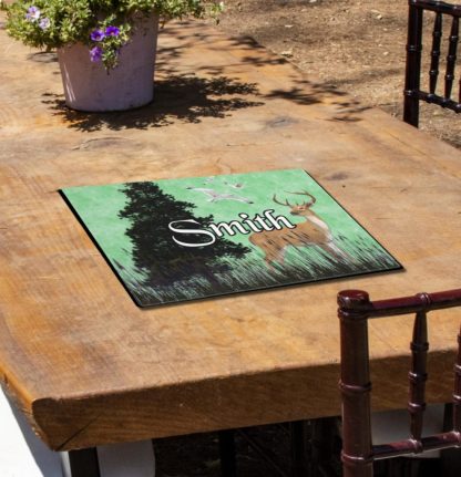 Personalized Log Cabin Placemat, Green Forest Deer, Rustic Gift, Picnic RV Camping, Farmhouse Custom Name Placemat - Image 4