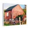 A vibrant canvas art of a rustic red barn and weathered truck in a lush autumn landscape. The scene conveys nostalgia and rural charm.