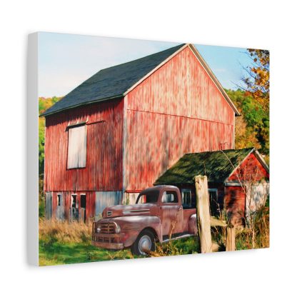 A vibrant canvas art of a rustic red barn and weathered truck in a lush autumn landscape. The scene conveys nostalgia and rural charm.