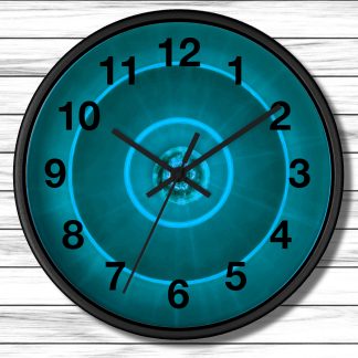 A modern wall clock features a glowing blue circular pattern with black numbers and hands, set against a white wooden background. The tone is futuristic.