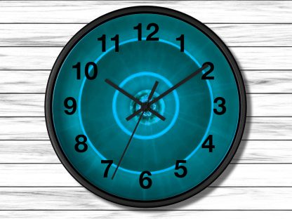 A modern wall clock features a glowing blue circular pattern with black numbers and hands, set against a white wooden background. The tone is futuristic.