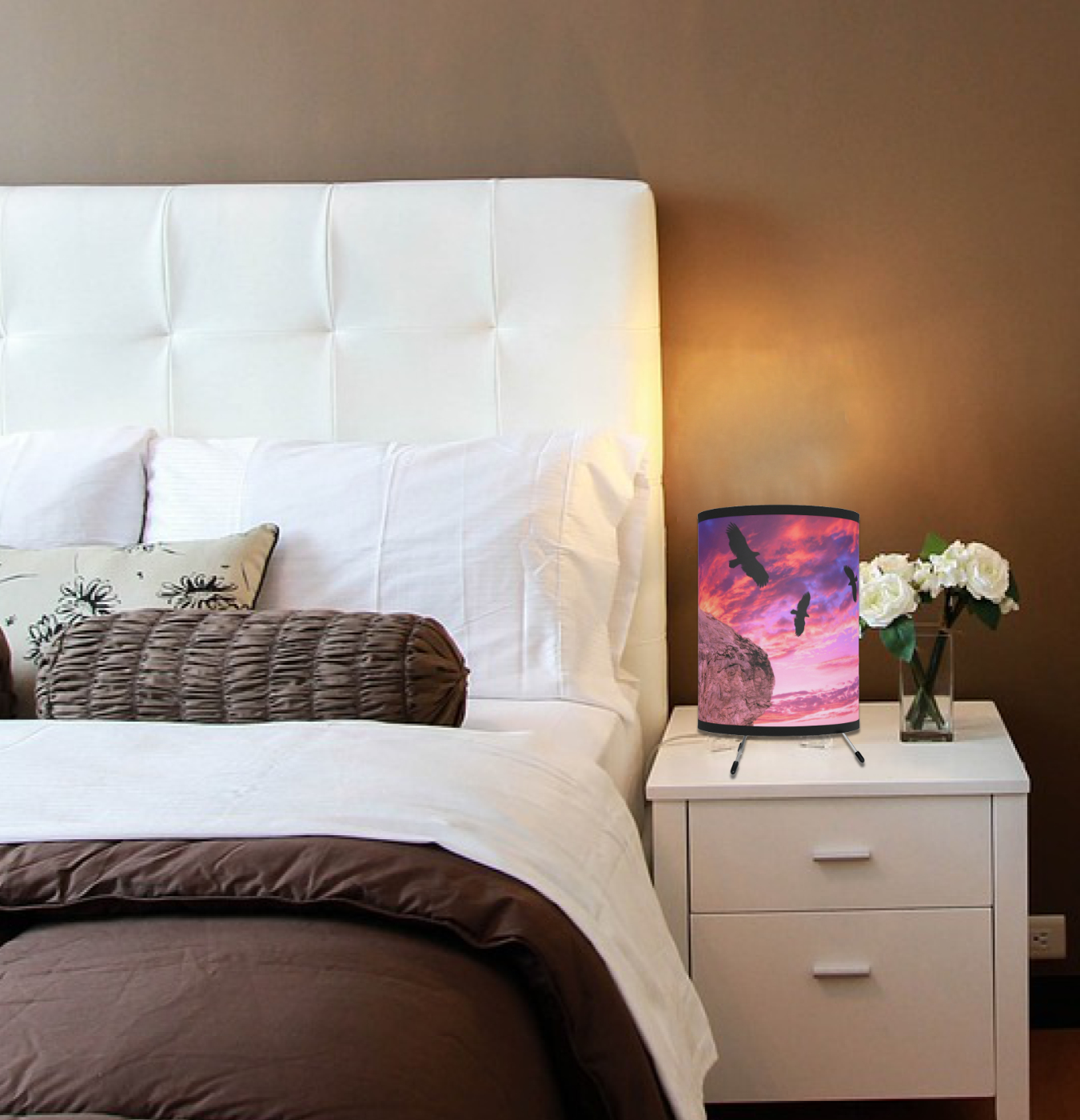 Farmhouse Country Birds Sunset Lamp, New Home Wedding Gift For Couple, Rustic Nature Log Cabin Decor, Seascape Bedside Tripod Table Lamp - Image 2